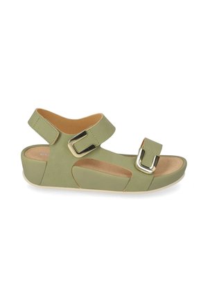 Sandalo zeppa verde con due cinturini regolabili con grandi fibbie argentate e soletta imbottita color beige.