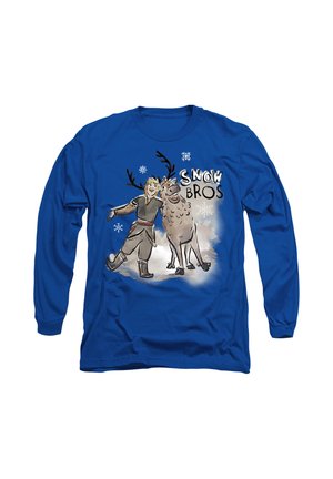 Long-sleeve blue shirt featuring cartoon figures of a man and a reindeer, with "SNOW BROS" text and snowflake designs.