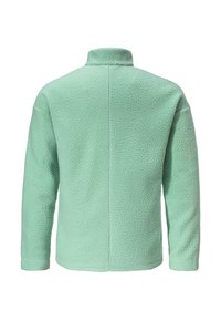 Mintgrüner Fleece-Jacke mit hohem Kragen, strukturiertem Oberflächen und langen Ärmeln. Enthält eine Mittelnaht und ein weiches, warmes Material.