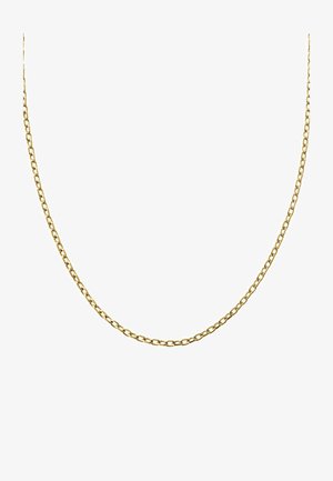 Collar de cadena de oro con eslabones interconectados, superficie lisa y forma uniforme. Diseño ligero adecuado para superponer.