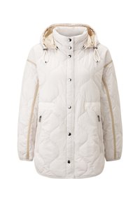 Kviltet hvid jakke lavet af syntetisk materiale, med hætte, trykknapper og to lynlåslommer i siden med beige kant.