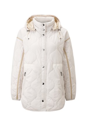 Quilted white jacket made from synthetic material, featuring a hood, snap buttons, and two zippered side pockets with beige trim.