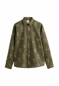 Oliivinvihreä pitkähihainen napitettava paita, jossa on kaulus ja hienovarainen beige kukkakuosi kauttaaltaan.