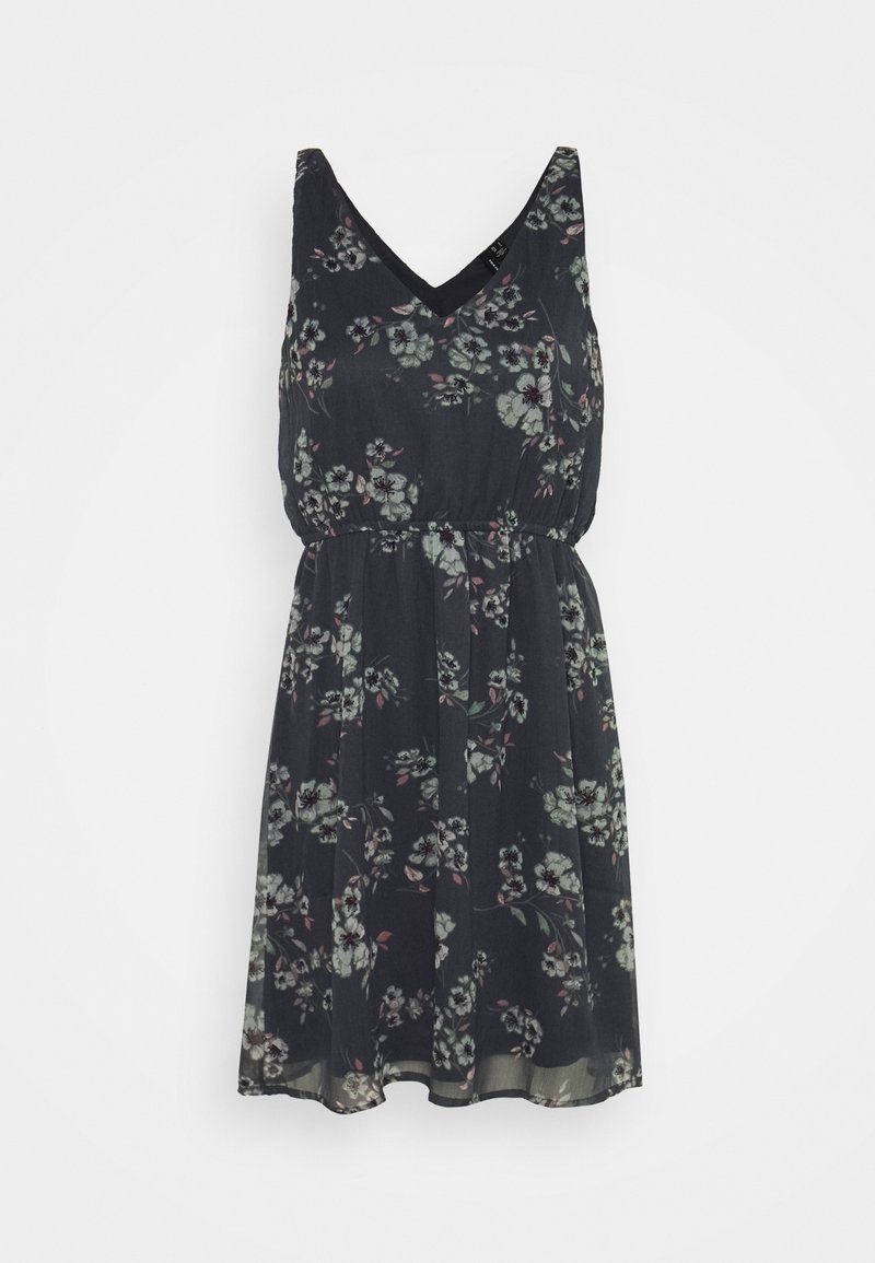 Robe noire sans manches avec col en V et motif floral gris clair, taille cintrée et jupe fluide longueur genou.