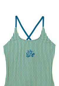 Maillot de bain rayé en vert et bleu, doté d'un dos croisé, avec un logo décoratif au centre. Matière lisse et extensible.