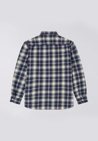 Camicia a maniche lunghe a quadri blu e verde con colletto, polsini a bottone e orlo dritto. Texture morbida e motivo a scacchi in tutto il capo.