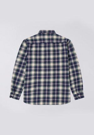 Camicia a maniche lunghe a quadri blu e verde con colletto, polsini a bottone e orlo dritto. Texture morbida e motivo a scacchi in tutto il capo.
