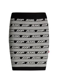 Gonna a maglia bianca e nera con testo ripetuto "JOOP! JEANS" in grassetto e motivo a righe orizzontali. Vita elastica nella parte superiore.