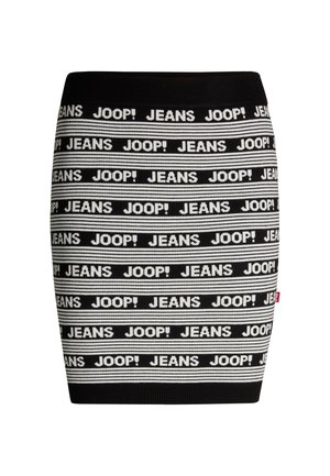 Schwarz-weiß gestrickter Rock mit wiederholt angeordnetem "JOOP! JEANS"-Text in fetter Schrift und horizontalem Streifenmuster. Elastischer Taillenbund oben.