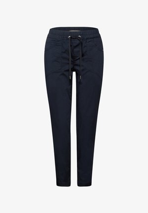 Pantaloni jogger navy con cintura elasticizzata, gambe affusolate e tasche laterali. Realizzati in tessuto leggero con una texture liscia.