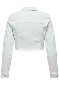 Kappad vit denimjacka med spetsig krage, långa ärmar och fransad fåll. Enkel design med silverfärgade knappar.