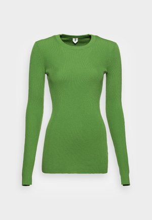Maglione verde aderente a maniche lunghe in maglia a costine con scollo rotondo su sfondo bianco neutro.