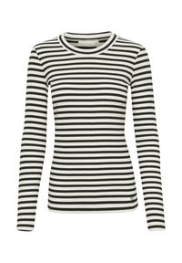 Maglia a maniche lunghe a righe bianche e nere con scollo rotondo, texture a coste e piccolo logo decorativo sull'orlo.