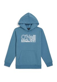 Blå O'Neill hettegenser med frontlomme og hvit trykket tekst "O'Neill Santa Cruz California U.S.A" på brystet, lagt flatt.