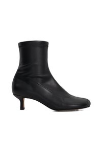 Black leather ankle boots with a fitted shaft, pointed toe, and low heel. Features a smooth texture and minimal stitching details.