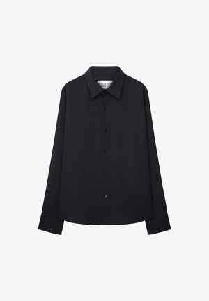 Black long-sleeve button-up shirt with a classic collar, straight cut, and a smooth texture, featuring six front buttons and cuffed sleeves.