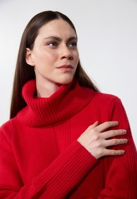 Pull en maille rouge épaisse avec un col roulé à côtes hautes, comportant des panneaux texturés et des poignets à côtes. Tissu doux et épais.