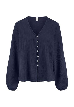 Marineblaue langärmlige Bluse mit Struktur, V-Ausschnitt und sieben weißen Knöpfen vorne, mit elastischen Bündchen.