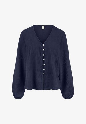 Marineblaue langärmlige Bluse mit Struktur, V-Ausschnitt und sieben weißen Knöpfen vorne, mit elastischen Bündchen.