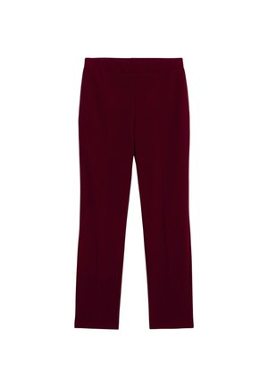 Pantalon bordeaux en tissu lisse et extensible, présentant une coupe ajustée avec une taille plate sans matériel visible ni poches.