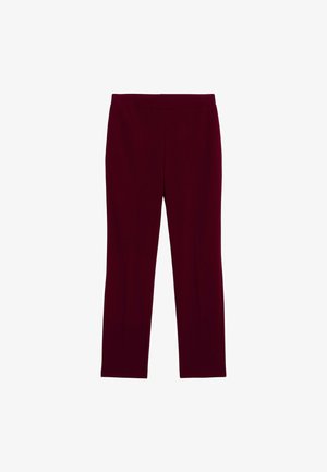 Pantaloni burgundy realizati dintr-un material neted si elastic, cu o croiala ajustata, talie plata si fara prindere vizibila sau buzunare.