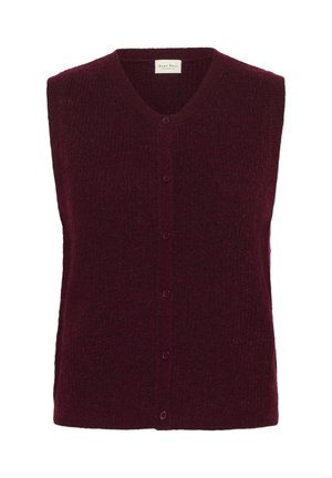 Knappar med ärmlös, stickad väst i djup burgundy med V-ringning och ribbad nederkant samt ärmhål.