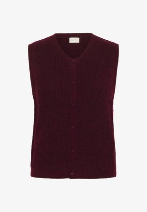 Prugasta bezrukavna pletena prsluk u tamnocrvenoj boji s V-izrezom i rebrastim rubovima na dnu i rukavima.