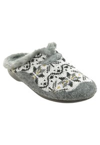 Pantufla gris y negra con un estampado, borde gris de felpa, parte superior de tela, punta redondeada y suela de goma para mayor comodidad y soporte.