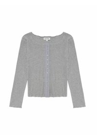Gray long-sleeve top with a rounded neckline, featuring a front button closure and a subtle contrasting blue button placket. Smooth texture.