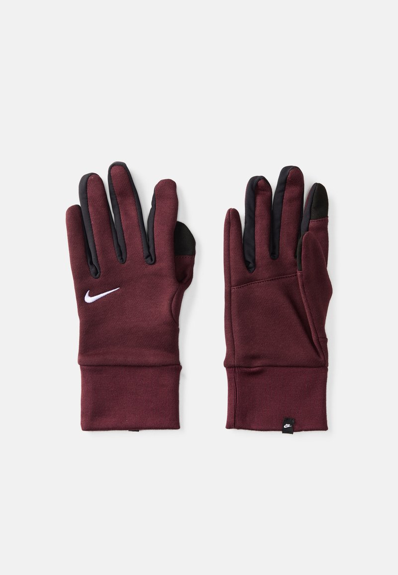 Bordo pirštinės su juodomis detalėmis, lygaus tekstūros medžiaga, prigludęs dizainas, ant nugaros esantis baltas Nike logotipas.