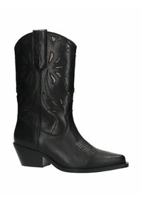 Zwarte leren cowboylaars met een puntige neus en een gestapelde hak. Bevat decoratieve bloempatronen en stiksel langs de schacht.