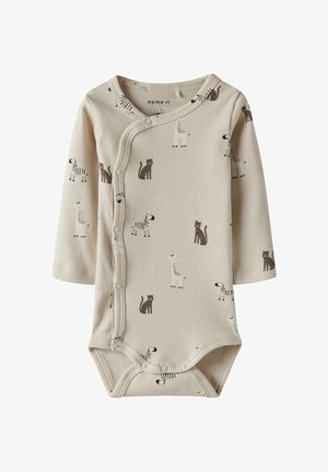 Beżowe, prążkowane body dla niemowląt z długimi rękawami, zdobione nadrukami zwierząt w odcieniach brązu i czerni. Zapięcie na zatrzaski z przodu ułatwiające ubieranie.