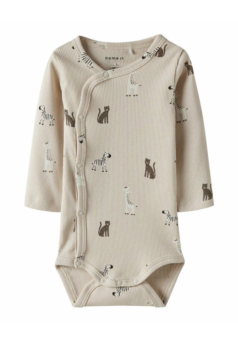 Body in beige a coste da neonato con maniche lunghe, decorato con stampe di animali in marrone e nero. Chiusura a scatto sul davanti per facilitare il cambio.