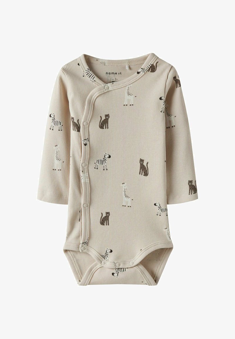 Beżowe, prążkowane body dla niemowląt z długimi rękawami, zdobione nadrukami zwierząt w odcieniach brązu i czerni. Zapięcie na zatrzaski z przodu ułatwiające ubieranie.