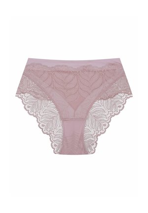 Lace hipster panties in soft pink with floral leaf pattern, featuring scalloped edges and a smooth waistband, made from a sheer material.
