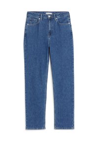 Blå denimjeans med rak benstil, femfickorsdesign och synlig sömnad. Har en metallknappstängning och bälteshällor.