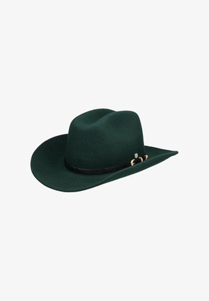Dark green felt cowboy hat with wide brim, black braided band, and small gold and silver decorative accents on the side.