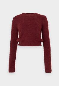 Burgundska skrajšana pulover iz puhastega pletenega materiala; okrogla izrezana ovratnik, dolgi rokavi in ribast rob. Mehka tekstura, sproščen stil.