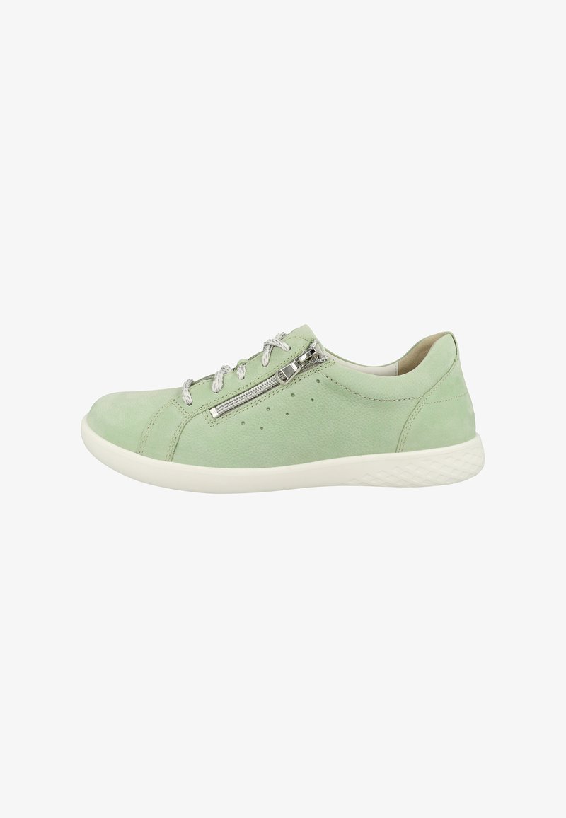Light green leather sneaker with white sole, side zipper, and white laces, shown from the outer side on a white background.