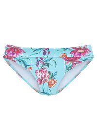 Cvetni bikini spodnji del v svetlo modri barvi, okrašen s pink in oranžnimi cvetovi. Izrazito raztegljiv material z udobnim pasom in gladkim podložno oblogo.