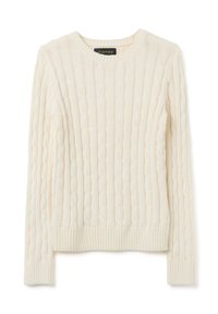 Cremfarbener Pullover mit dickem Kabelstrickmuster, Rippbündchen und -saum, rundem Ausschnitt und weicher Textur. Markenlabel sichtbar.