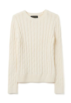 Maglione color crema con un spesso motivo a trecce, polsini e orlo a coste, scollatura rotonda e texture morbida. Etichetta del marchio visibile.