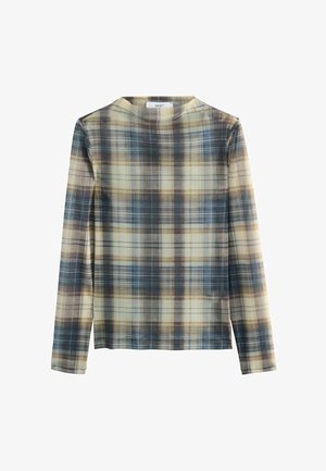 Pikem varrukatega pluus ruudulises mustris, mis sisaldab beeži, sinise ja pruuni toone. Pehme materjal, ümmargune kaelus ja sirge lõige.