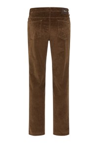 Pantaloni in corduroy marroni con taglio dritto, caratterizzati da una superficie testurizzata, design a cinque tasche e un'etichetta in vita.
