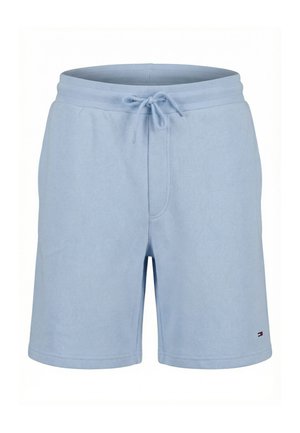 Pantalones cortos azul claro hasta la rodilla con cintura elástica y cordón, hechos de tela suave, con un pequeño logo en el dobladillo de la pierna izquierda.