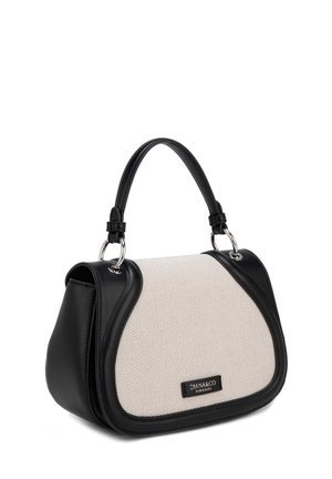Piccola borsa con rifiniture in pelle nera, fronte in tessuto bianco strutturato, forma arrotondata, manico singolo e targhetta metallica con la scritta "DIANA&CO FIRENZE."