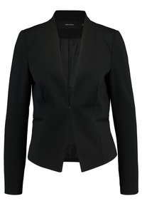 Mustapuku, jossa on istuva siluetti, pitkät hihat ja šaalikaulus. Valmistettu tekstuuri-kankaasta, ilman näkyviä kiinnityksiä tai taskuja.