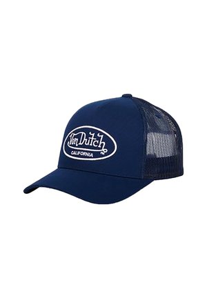 Navy blue mesh trucker cap with curved brim featuring white embroidered "Von Dutch California" logo on front panel.