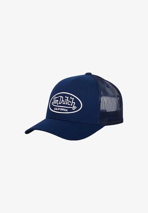 Navy blue mesh trucker cap with curved brim featuring white embroidered "Von Dutch California" logo on front panel.