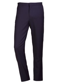 Námořnické modré kalhoty z hladkého, pružného materiálu. Mají přiléhavý střih s elastickým pasem a rovnými nohavicemi.